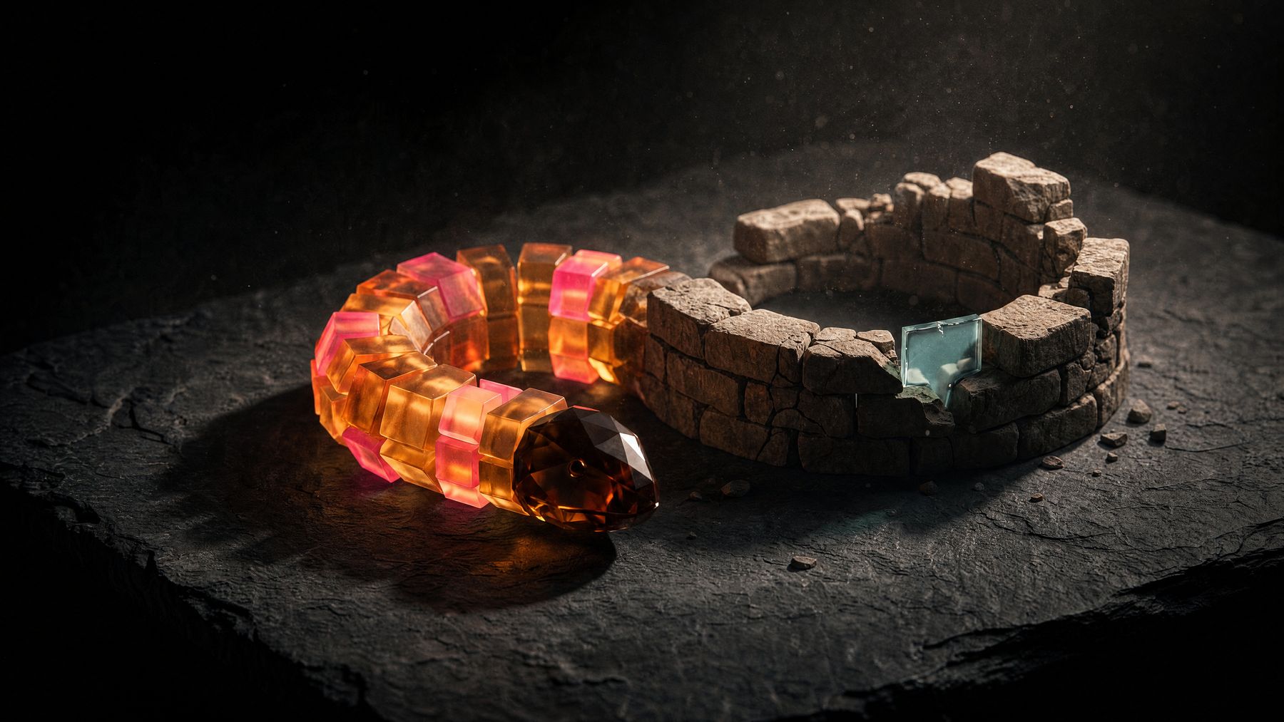 An amber and pink snake of glass blocks with a dark gem head, lying on slate beside a broken ring of stone with one pane of glass.